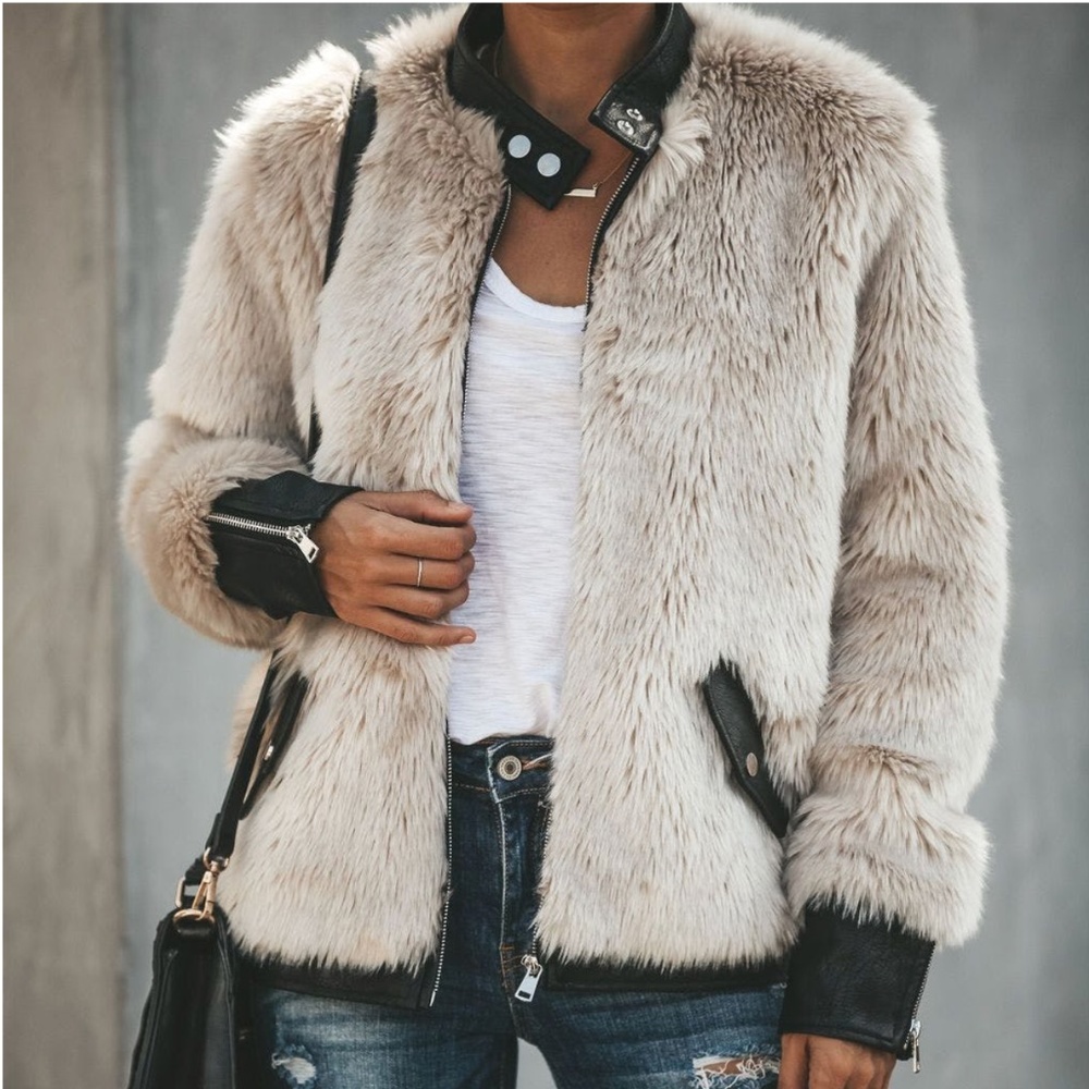 VANITY FAUX FUR LEATHER TRIM POCKETED JACKET